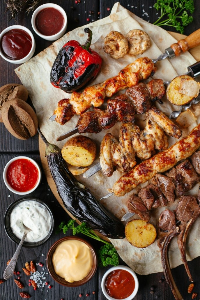 Charcoal-grilled meat skewers, mixed grill platter